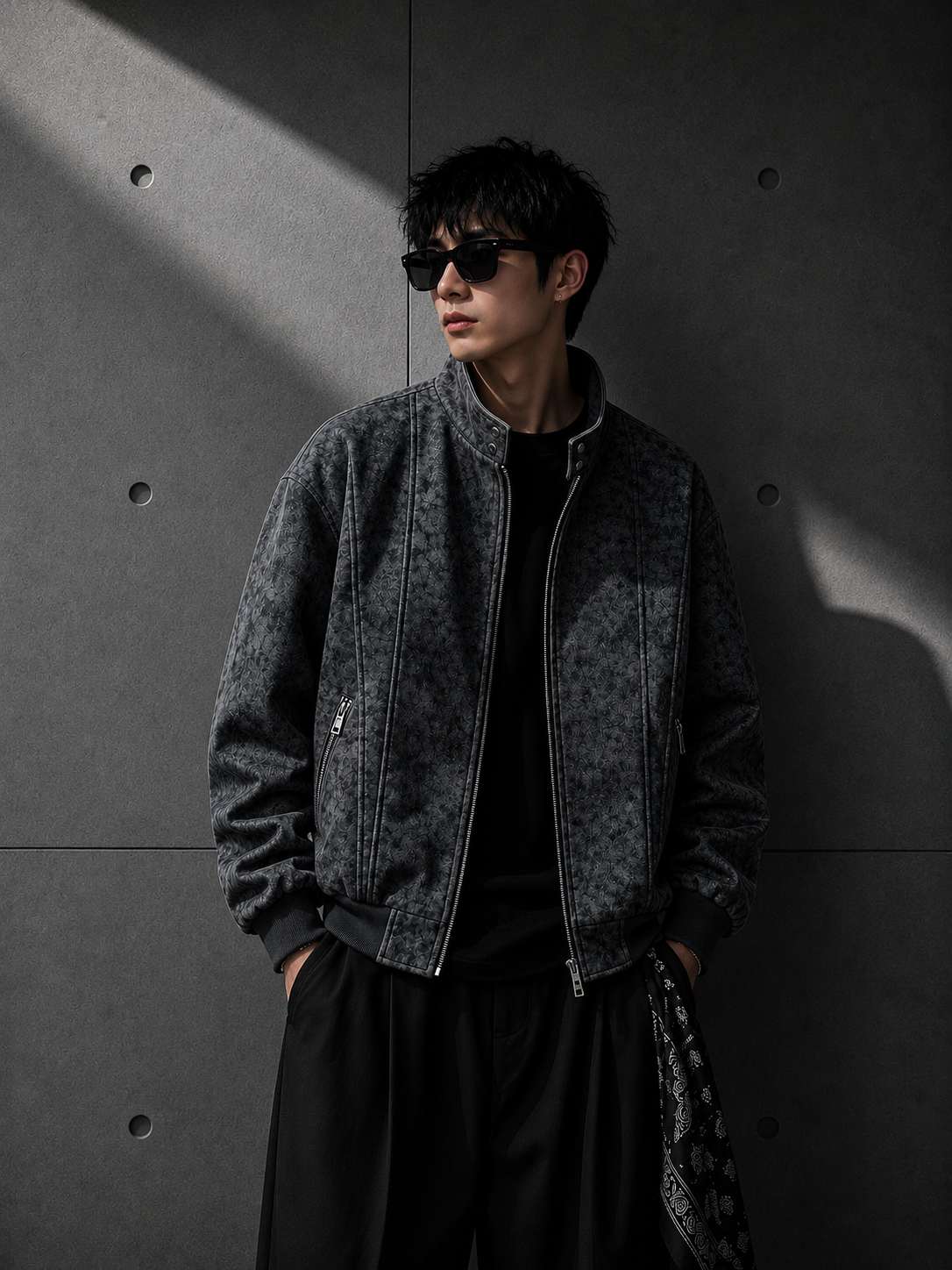 Man wearing a dark denim jacket and sunglasses against a gray concrete wall.