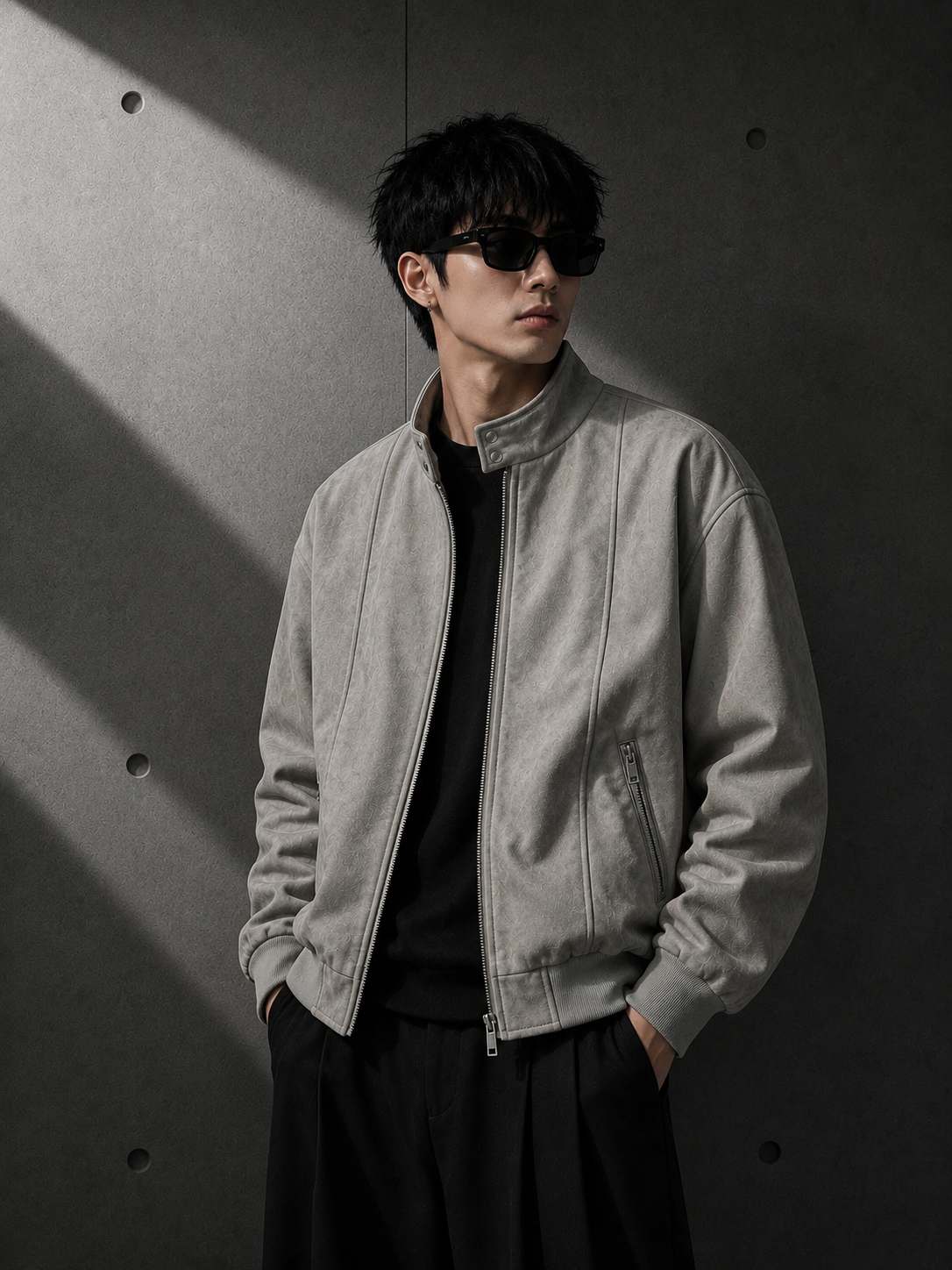 Man wearing a light gray jacket and sunglasses against a dark background