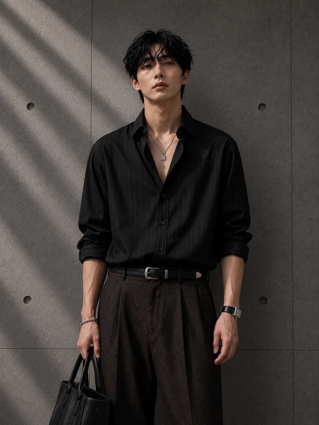 Man wearing a black shirt and dark pants against a gray wall