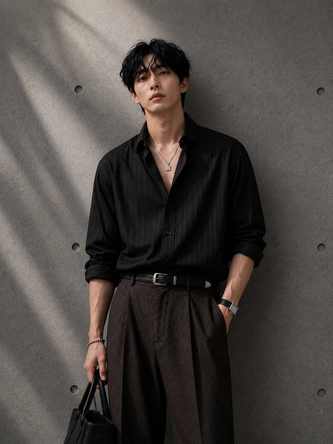 Man wearing a black shirt and dark pants against a gray wall