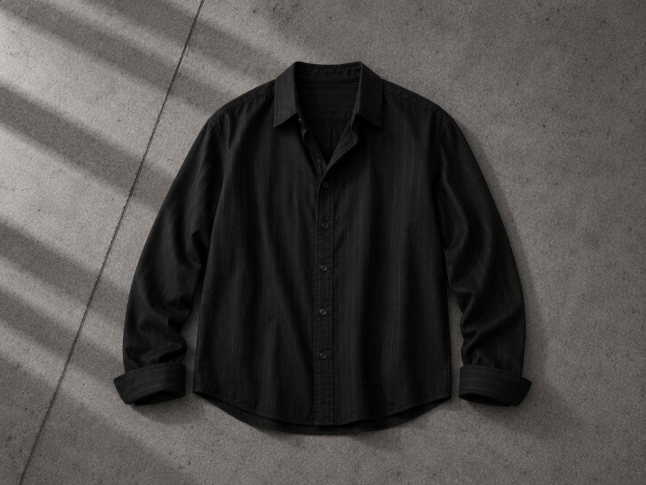 Black stitch stripe shirt flat lay on a textured gray concrete surface