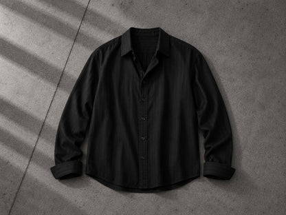 Black stitch stripe shirt flat lay on a textured gray concrete surface