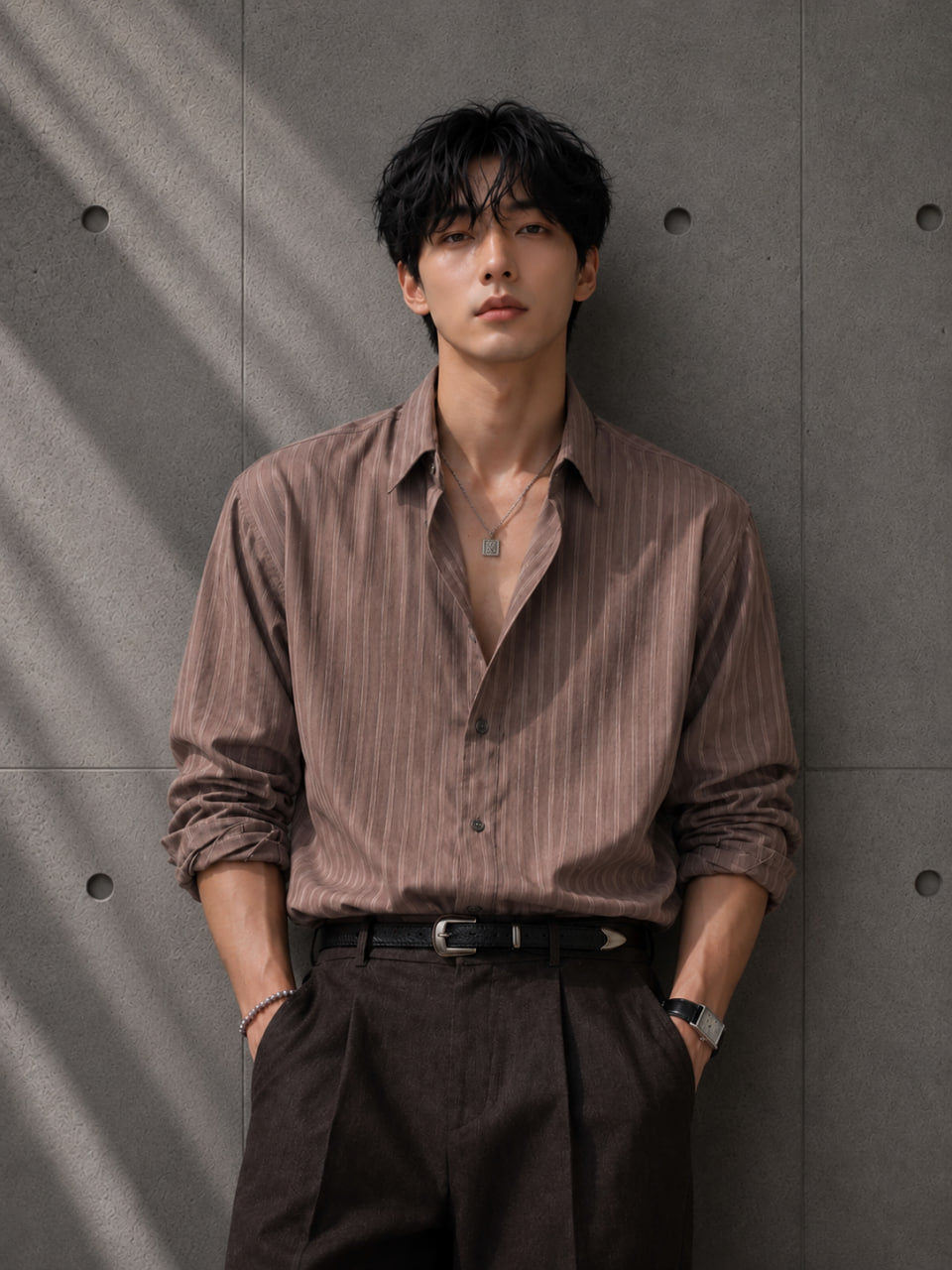 Man wearing a brown stitch stripe shirt and dark trousers against a gray concrete wall