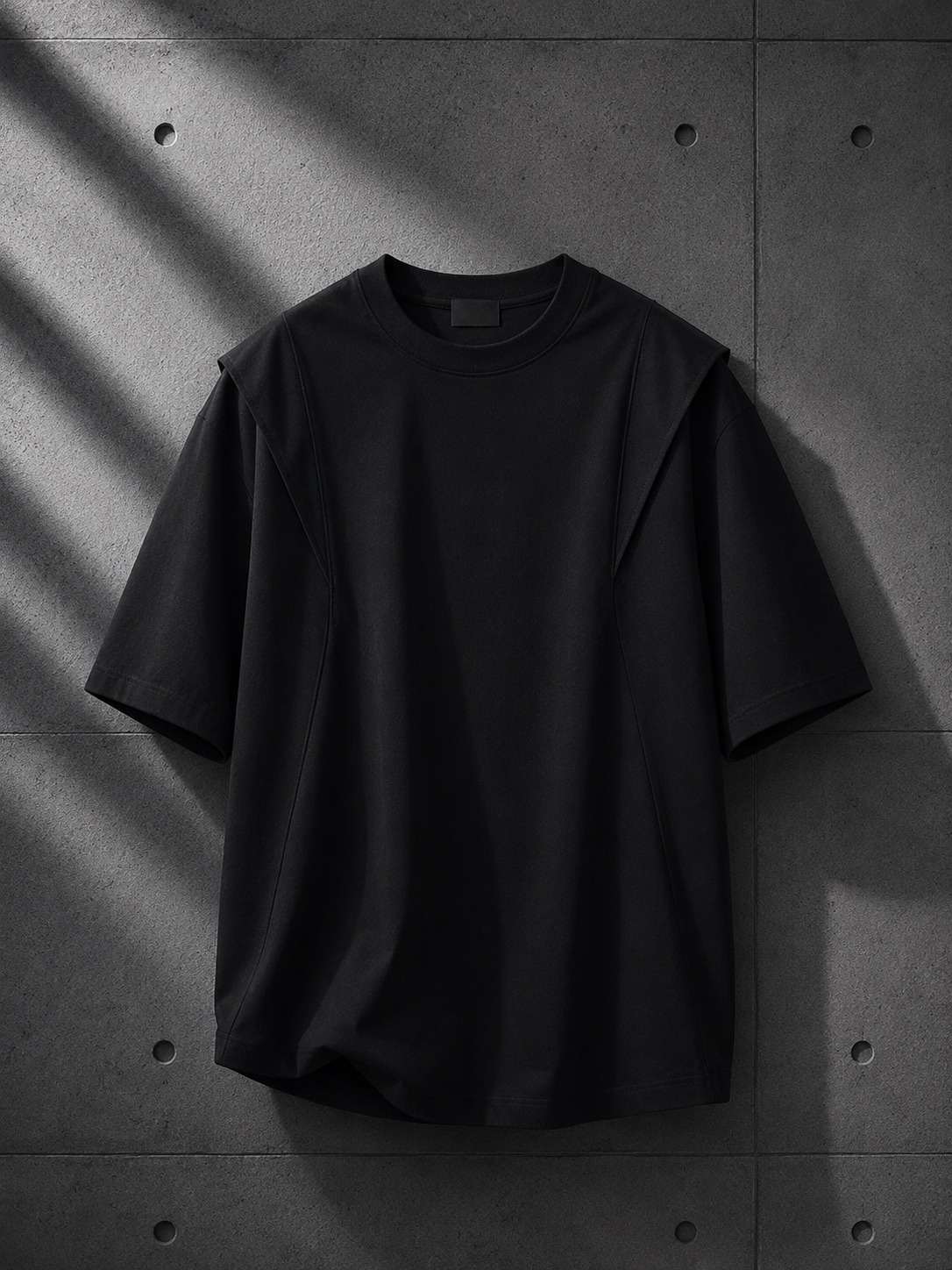 Black t-shirt on a textured gray surface
