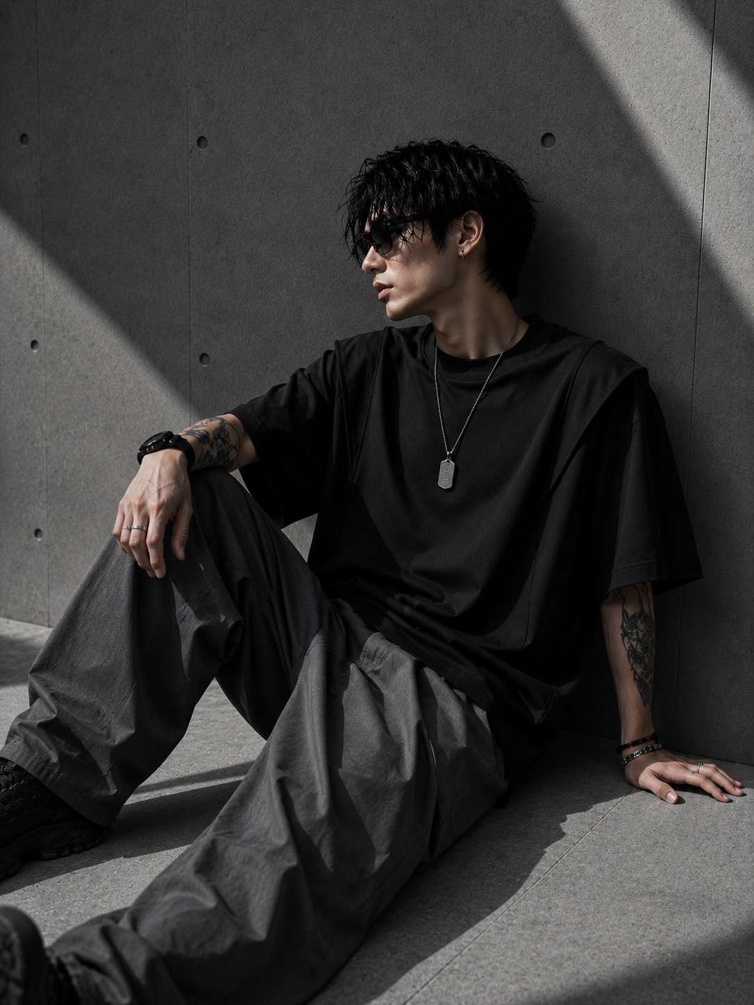 Person wearing a black outfit sitting against a concrete wall.