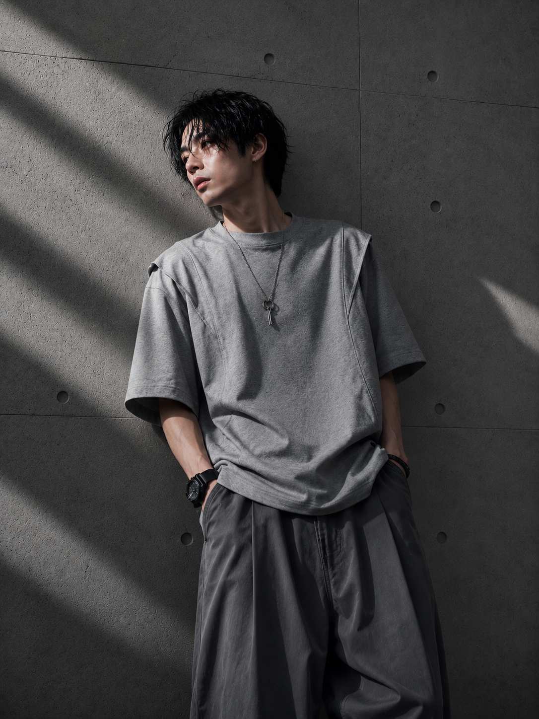 Person wearing a gray oversized t-shirt and pants against a dark concrete wall.