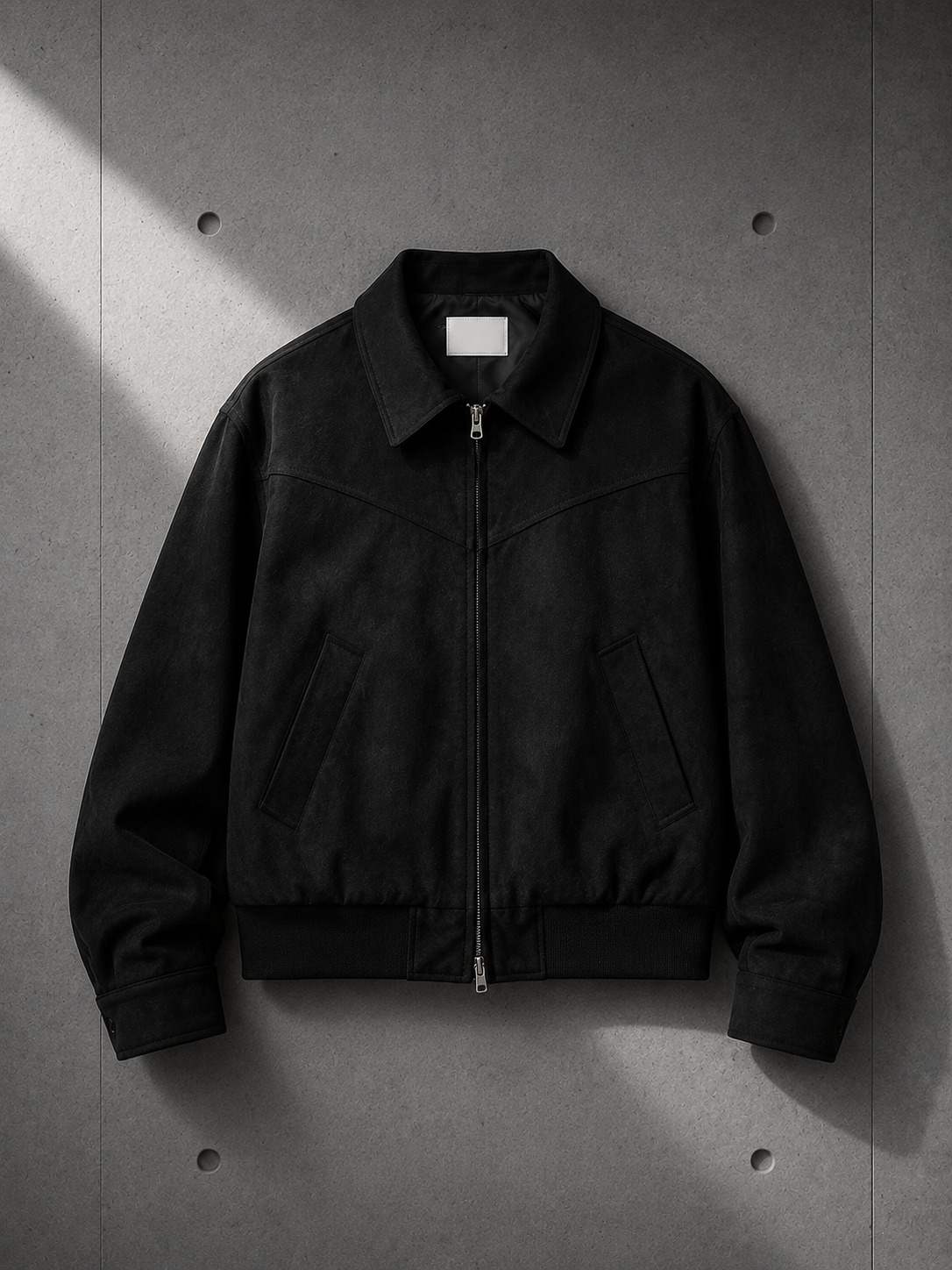 Suede Harrington Jacket in Black flat lay — LARÉN oversized jacket