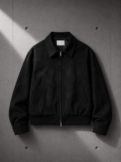 Suede Harrington Jacket in Black flat lay — LARÉN oversized jacket