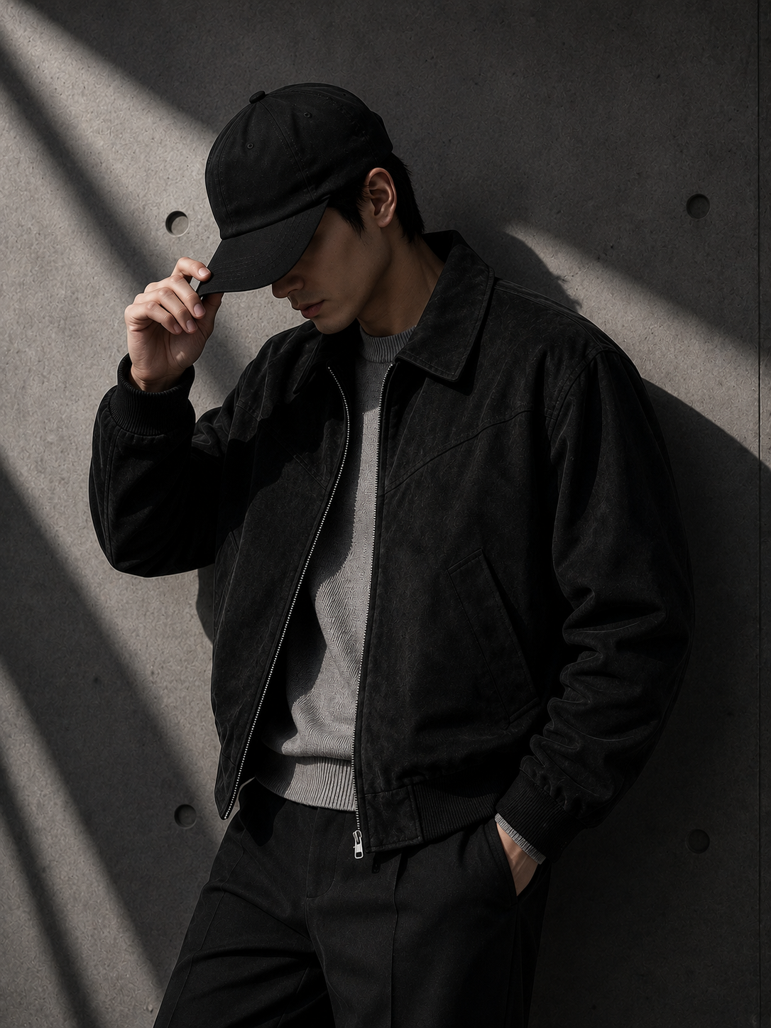 Person wearing Suede Harrington Jacket in Black — LARÉN menswear