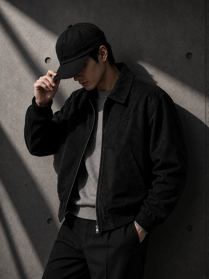 Person wearing Suede Harrington Jacket in Black — LARÉN menswear