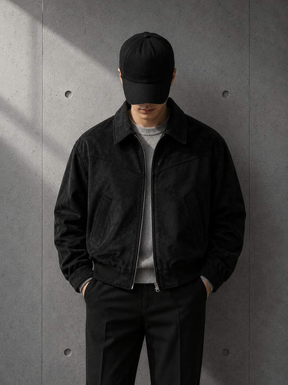 Detail shot of Suede Harrington Jacket in Black — LARÉN
