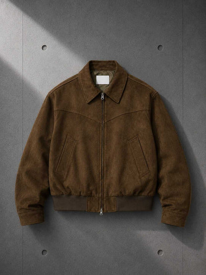 Suede Harrington Jacket in Tobacco Brown flat lay — LARÉN outerwear