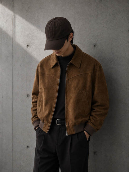 Person wearing Suede Harrington Jacket in Tobacco Brown — LARÉN outerwear