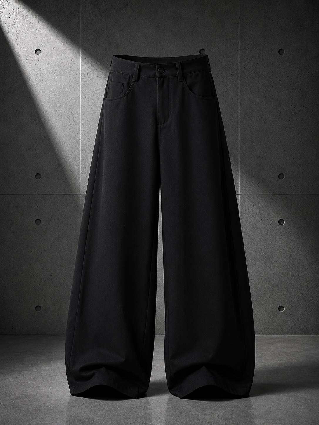 Black wide-leg pants on a gray concrete background
