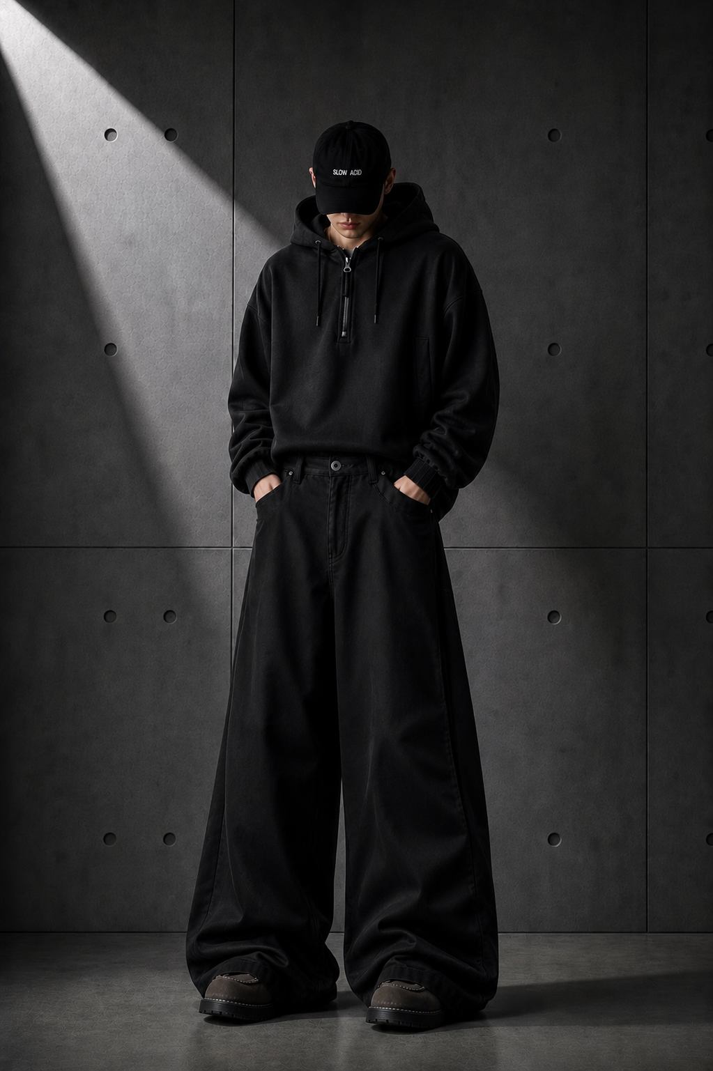 Person wearing a black hoodie and pants standing against a dark concrete wall.