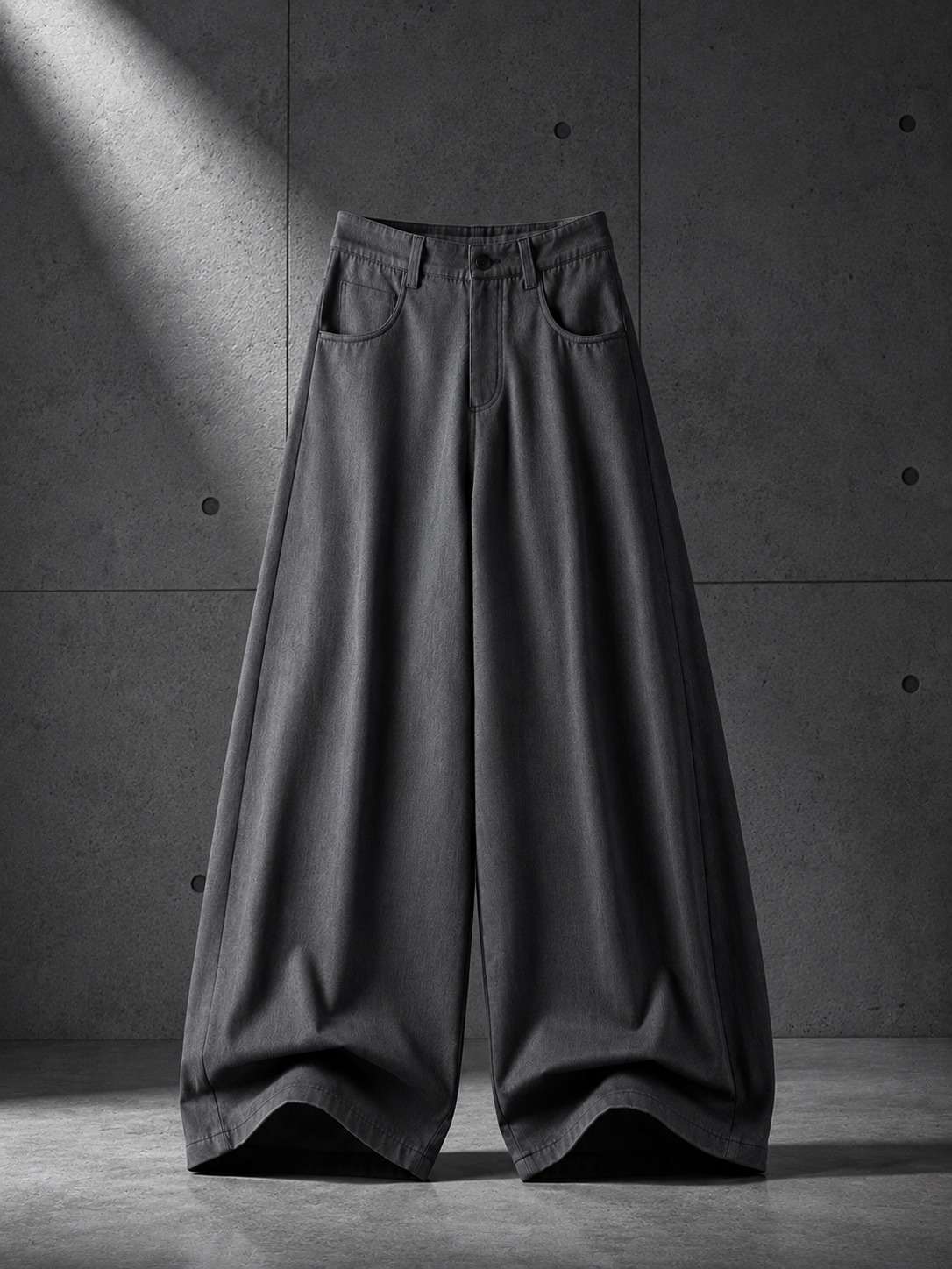 Dark gray wide-leg pants on a concrete floor with a spotlight effect.