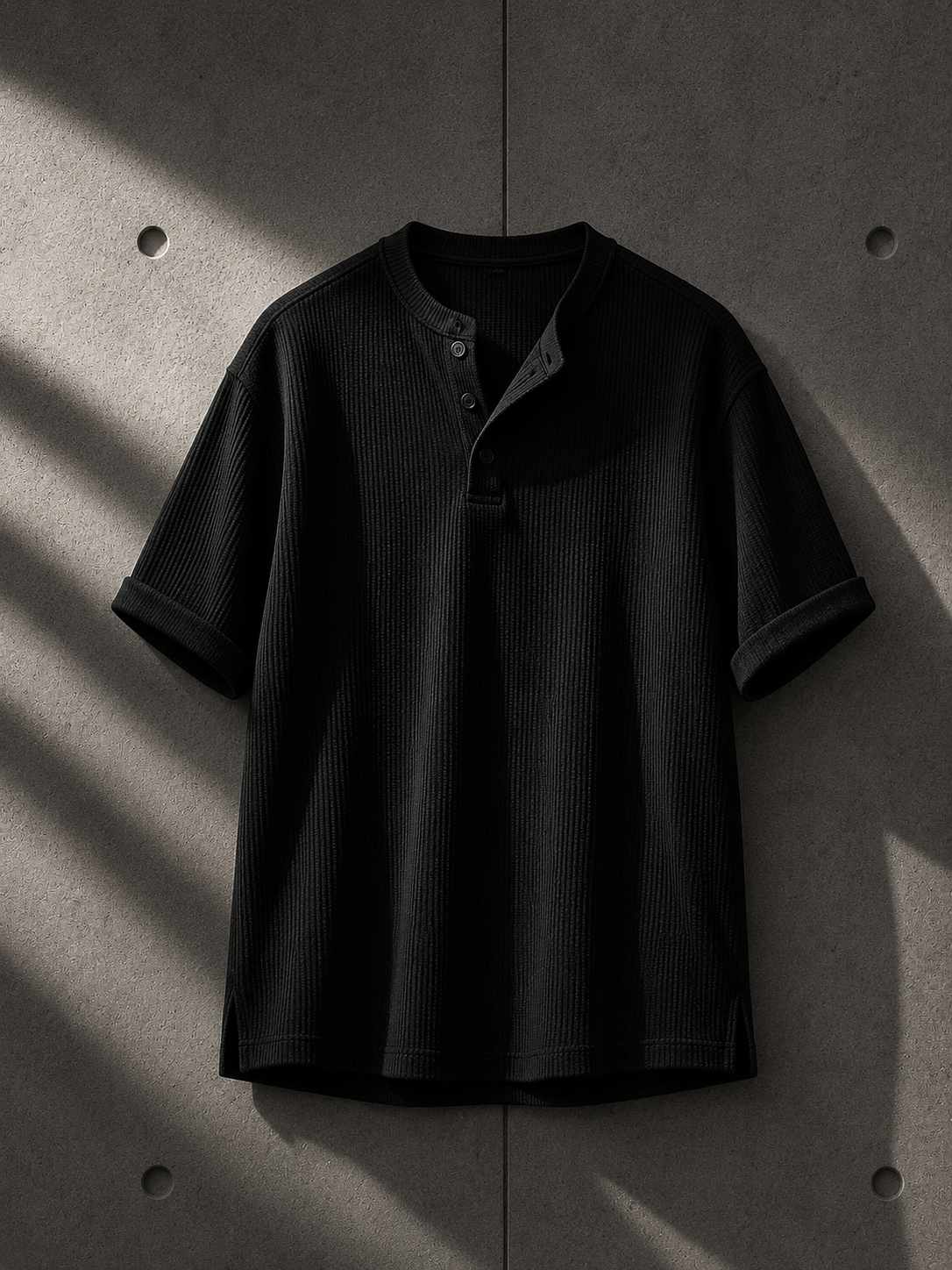 Black ribbed t-shirt on a textured gray background