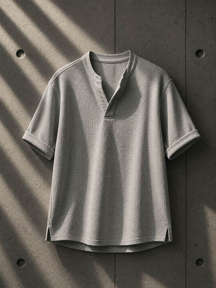Gray short-sleeve shirt on a textured gray background