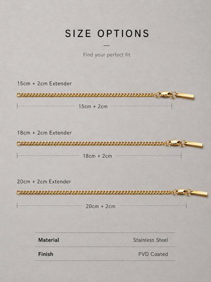 Gold chain necklace with size options and measurements on a gray background