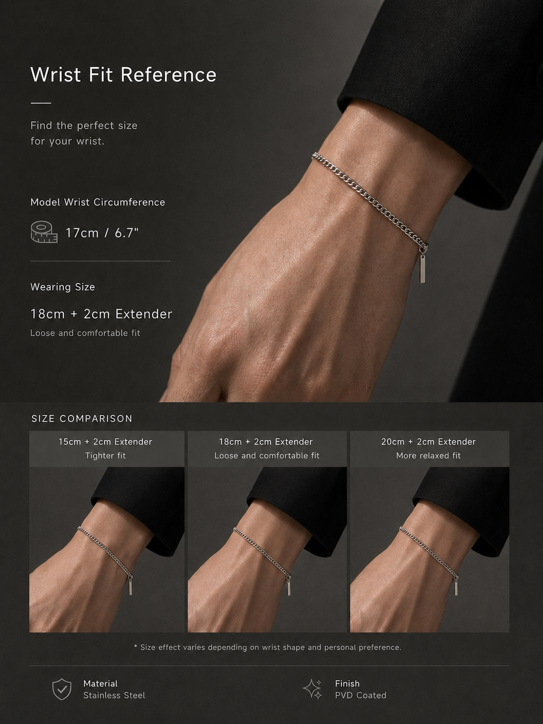 Wrist fit reference for a bracelet with size comparison on a dark background