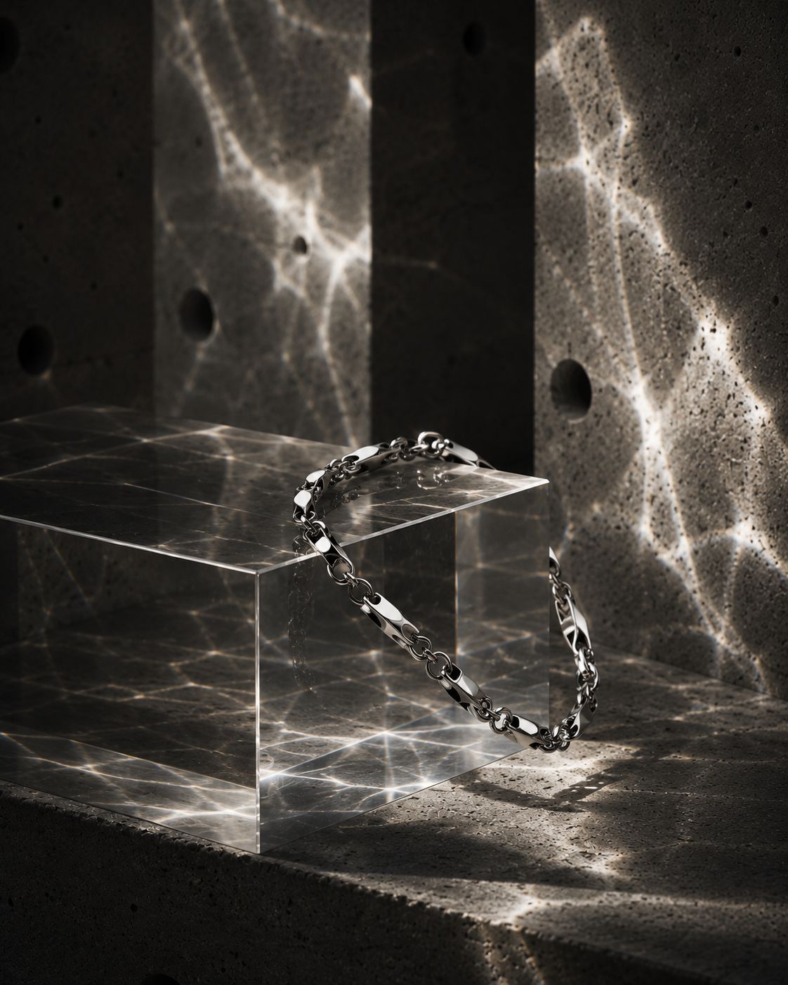 Silver bracelet on a clear block with marble-patterned background