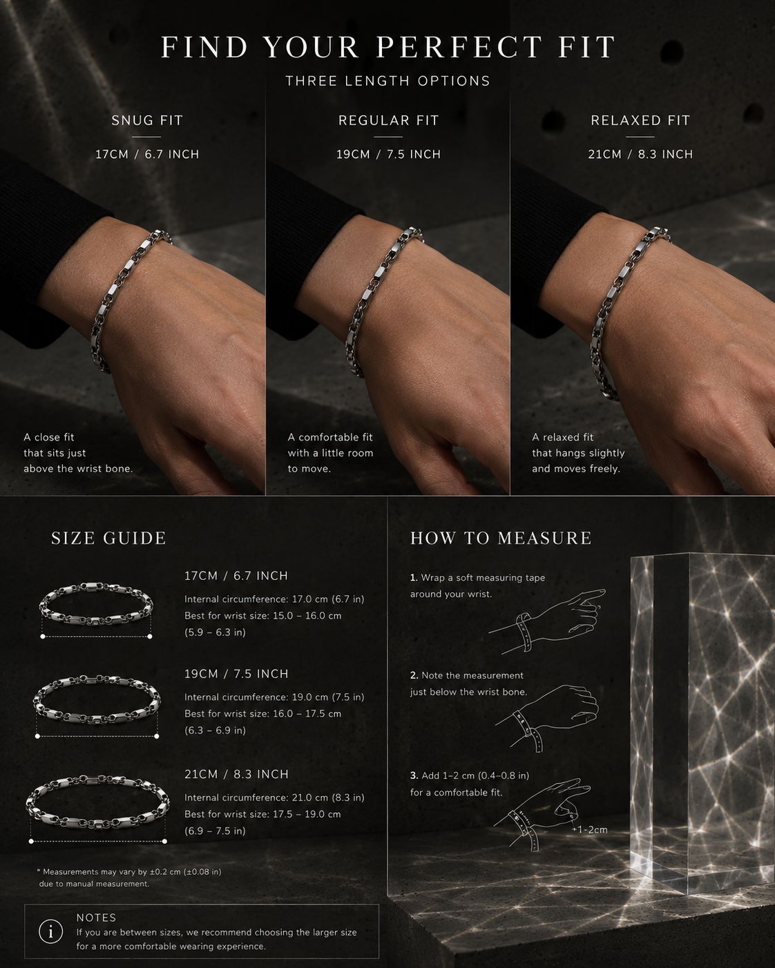 Bracelet size guide with three length options on a dark background