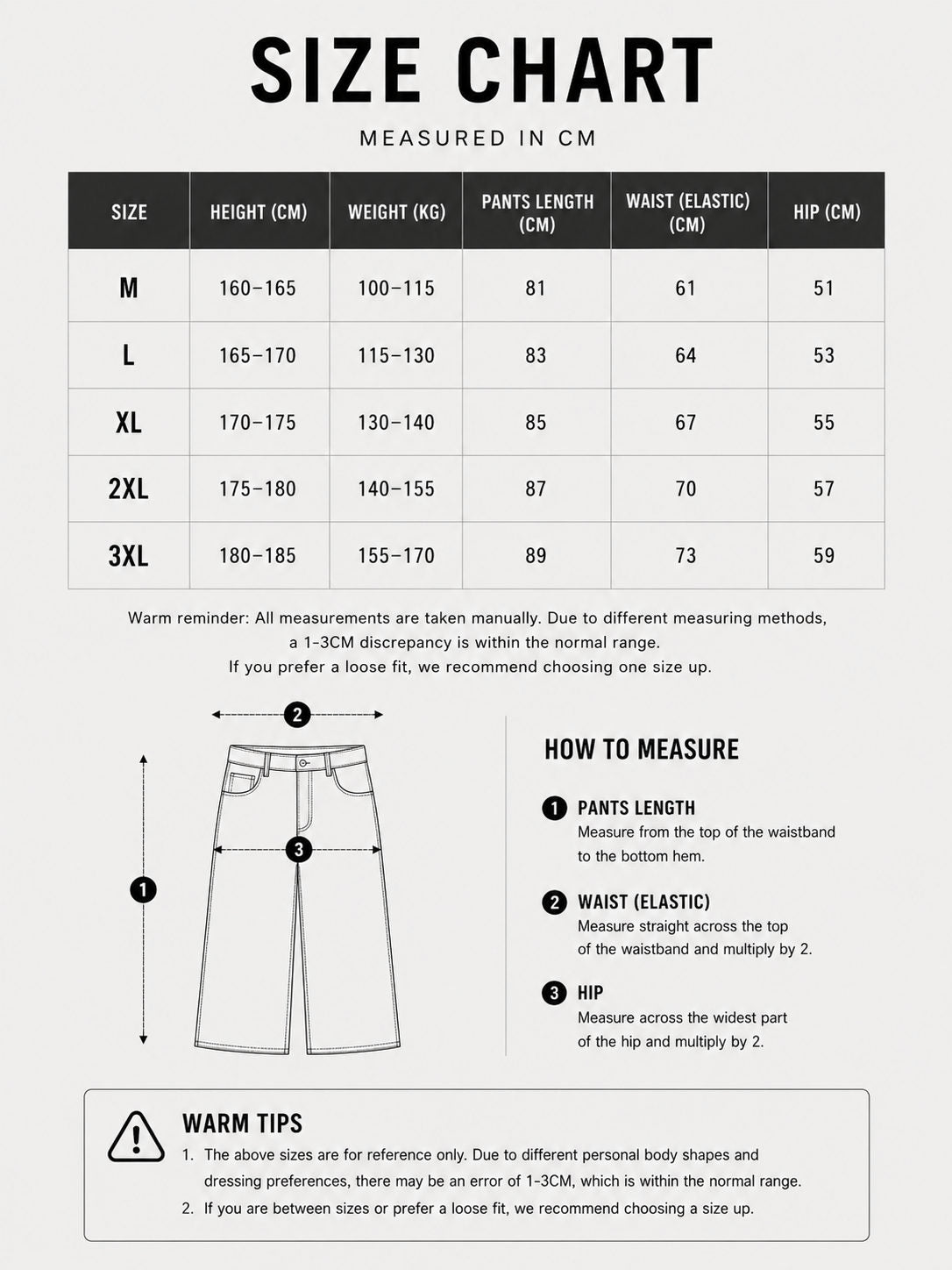 Size chart for pants measured in centimeters with measurement guide and warm tips.