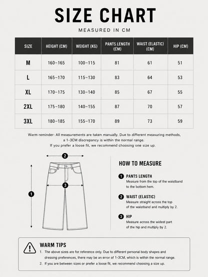 Size chart for pants measured in centimeters with measurement guide and warm tips.
