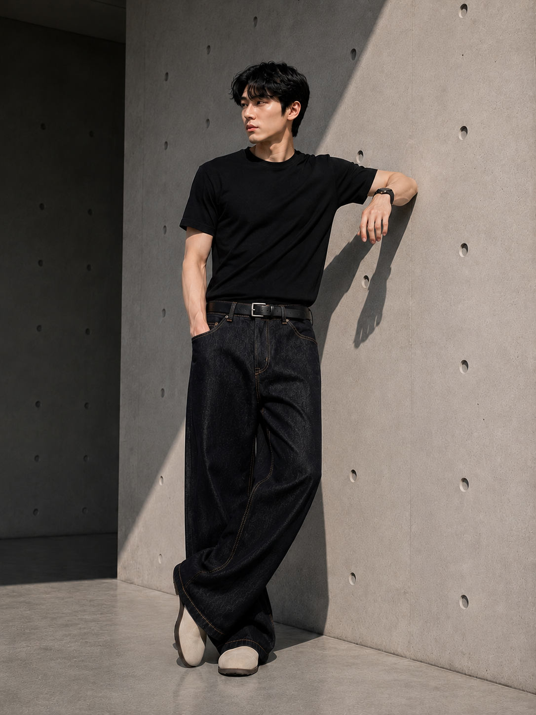 Man wearing a black t-shirt and black straight-leg denim jeans leaning against a concrete wall.