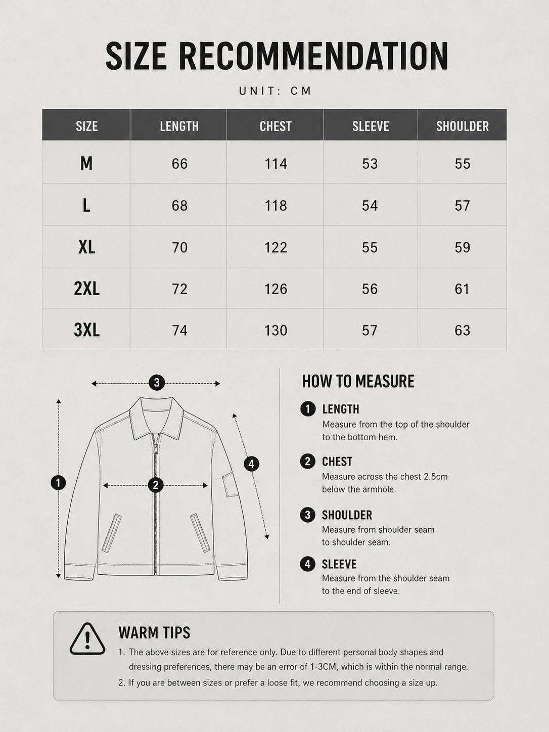 LARÉN Orbit Leather Jacket size chart, measurements in cm