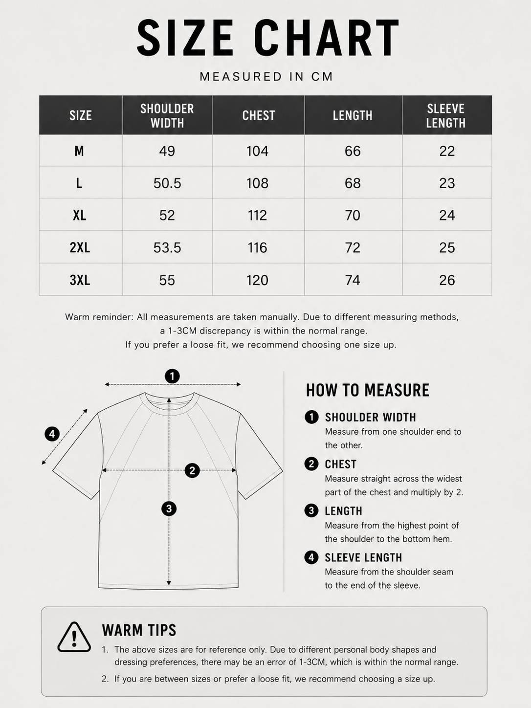 LARÉN Structured Seam Oversized Tee size chart, measurements in cm
