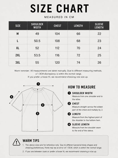 LARÉN Structured Seam Oversized Tee size chart, measurements in cm