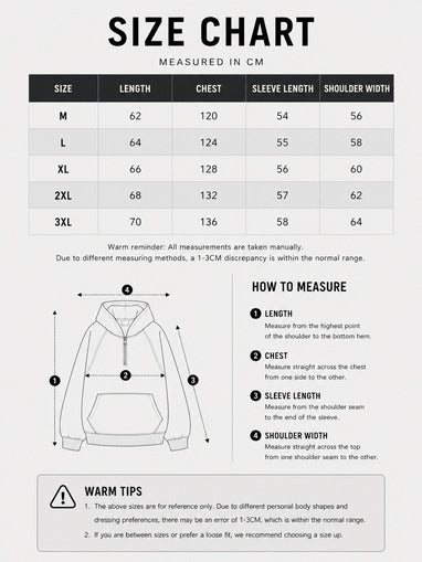 LARÉN Half-Zip Oversized Hoodie size chart, measurements in cm