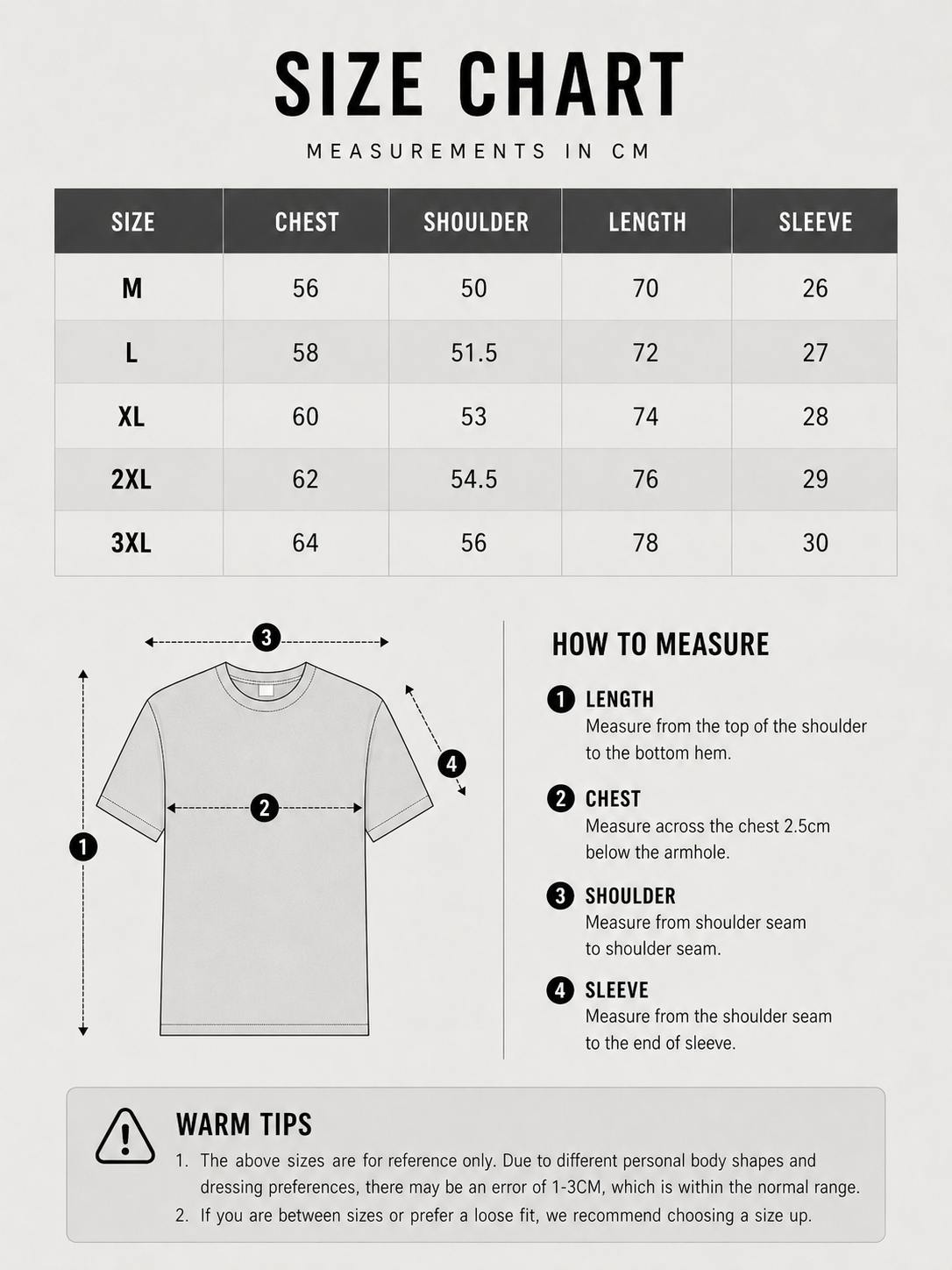 LARÉN Structured Shoulder Oversized Tee size chart, measurements in cm