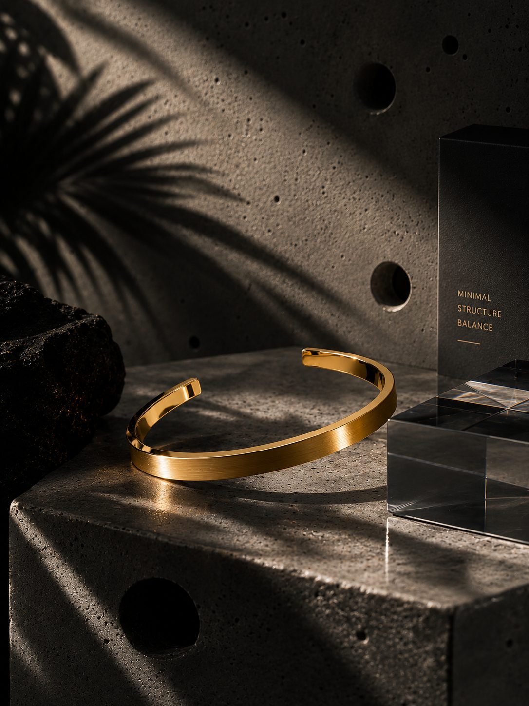 Gold bracelet on a dark concrete surface with a plant shadow and a black box labeled 'Minimal Structure Balance'.