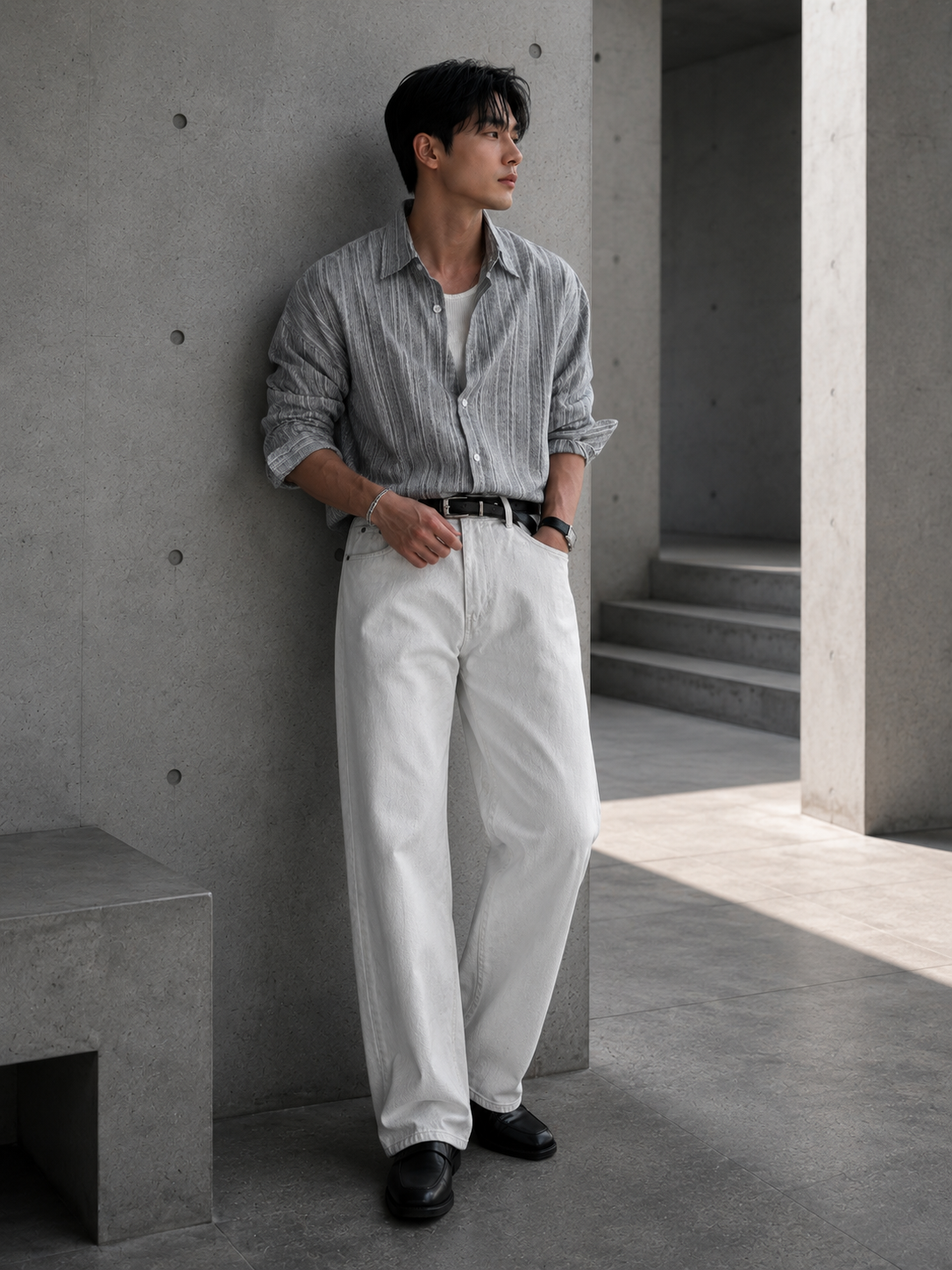 Full-length look, black slub stripe shirt with white wide-leg jeans
