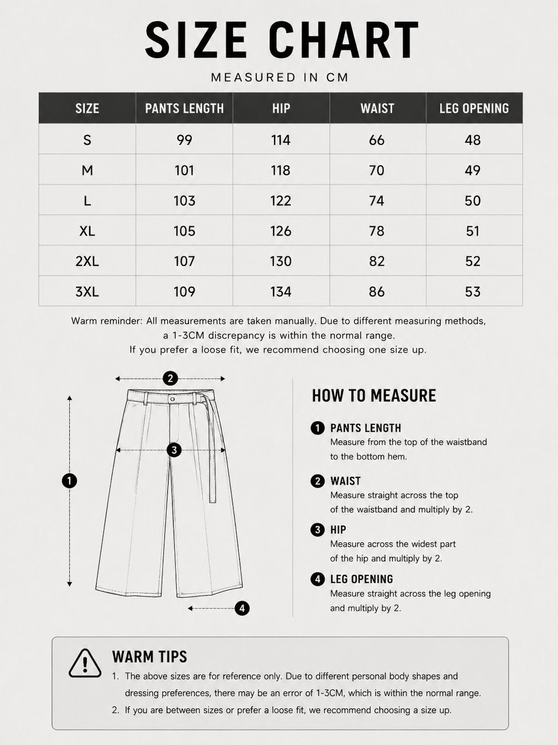 Size chart for pants measured in centimeters with measurements for length, hip, waist, and leg opening.