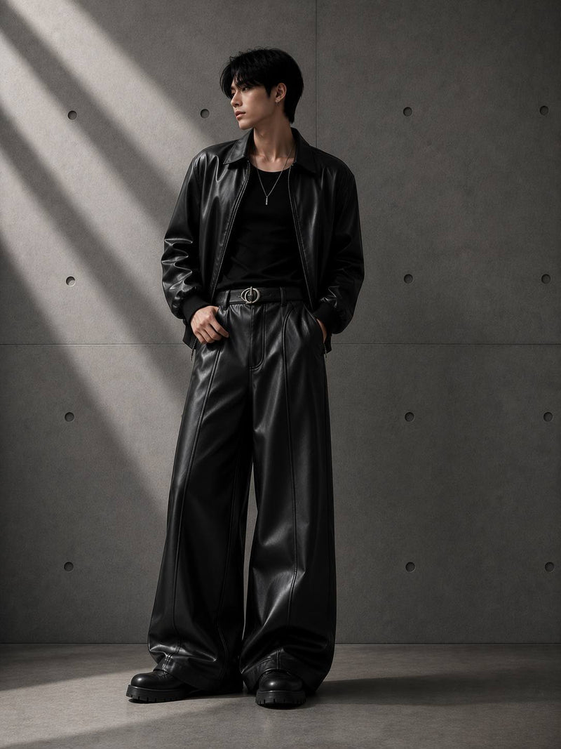 Person wearing a black leather jacket and pants standing against a gray concrete wall.