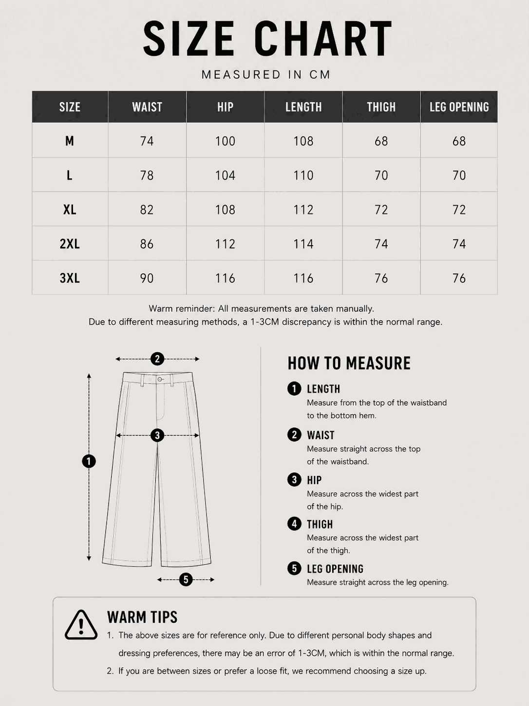 LARÉN PU Wide Leg Trousers size chart, measurements in cm