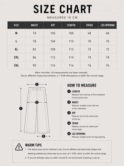 LARÉN PU Wide Leg Trousers size chart, measurements in cm