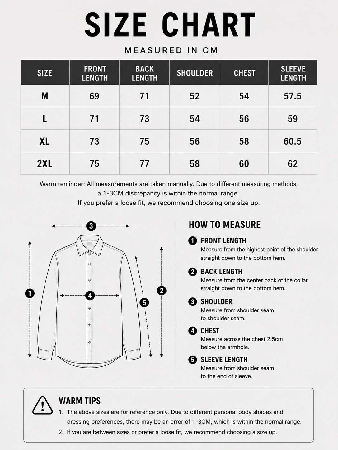 LARÉN Stitch Stripe Shirt size chart, measurements in cm