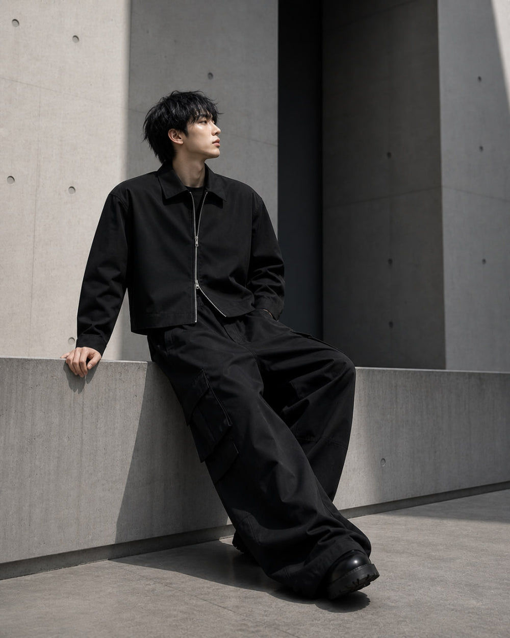LARÉN lookbook — structured oversized outfit, minimalist streetwear for men
