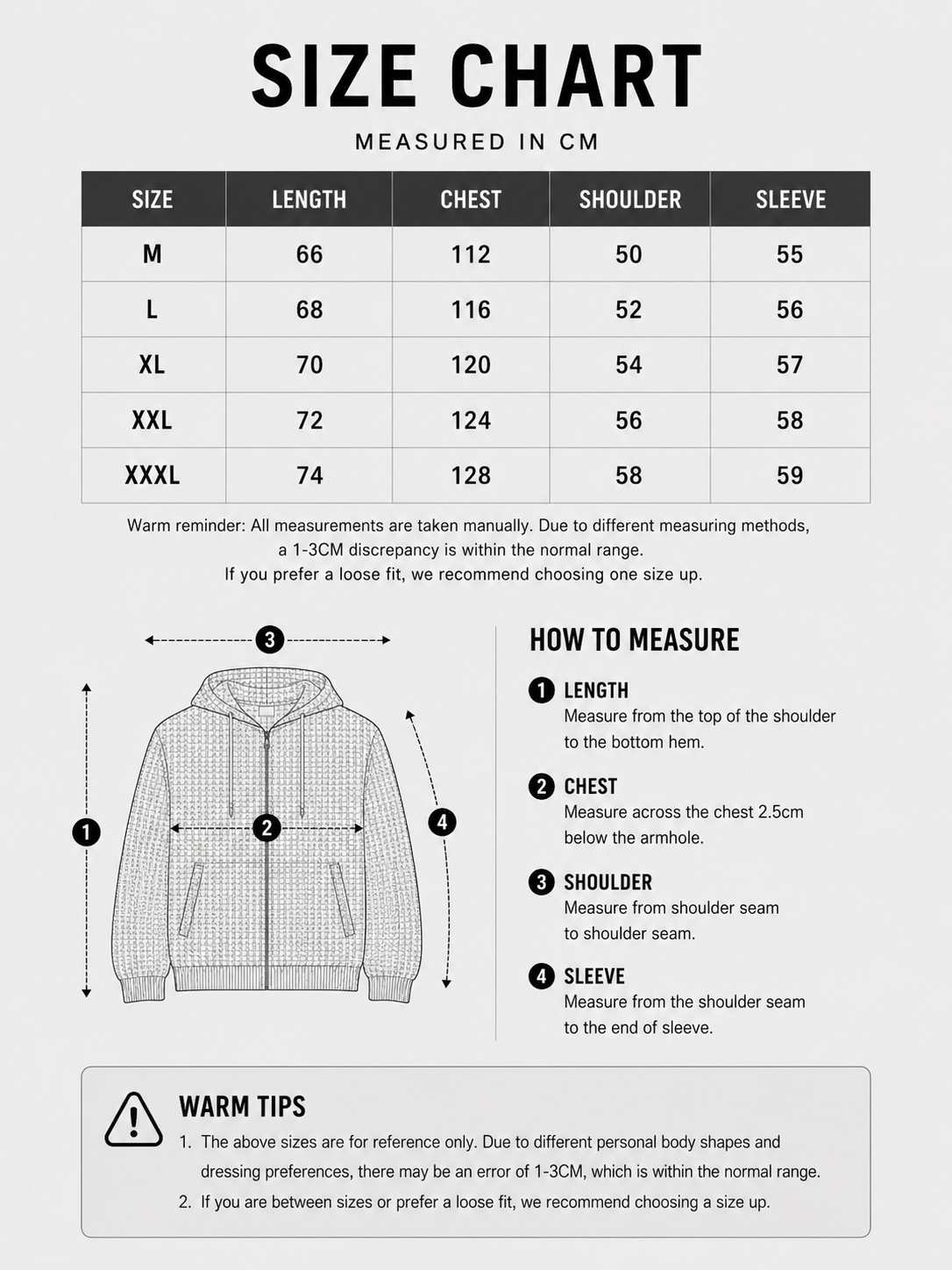 LARÉN Mesh Zip Hoodie size chart, measurements in cm